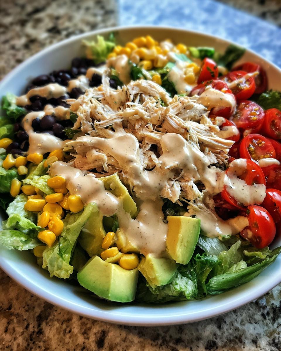 A vibrant bowl of southwest chicken salad featuring shredded chicken, black beans, corn, avocado, and tomatoes drizzled with creamy dressing.