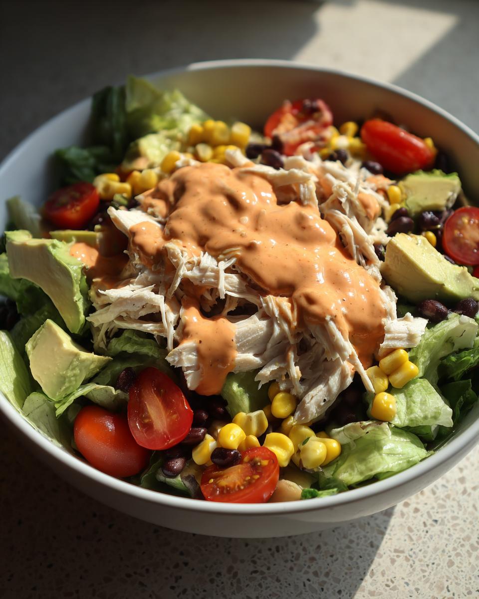 A vibrant bowl of southwest chicken salad featuring shredded chicken, avocado, corn, black beans, tomatoes, and creamy orange dressing.