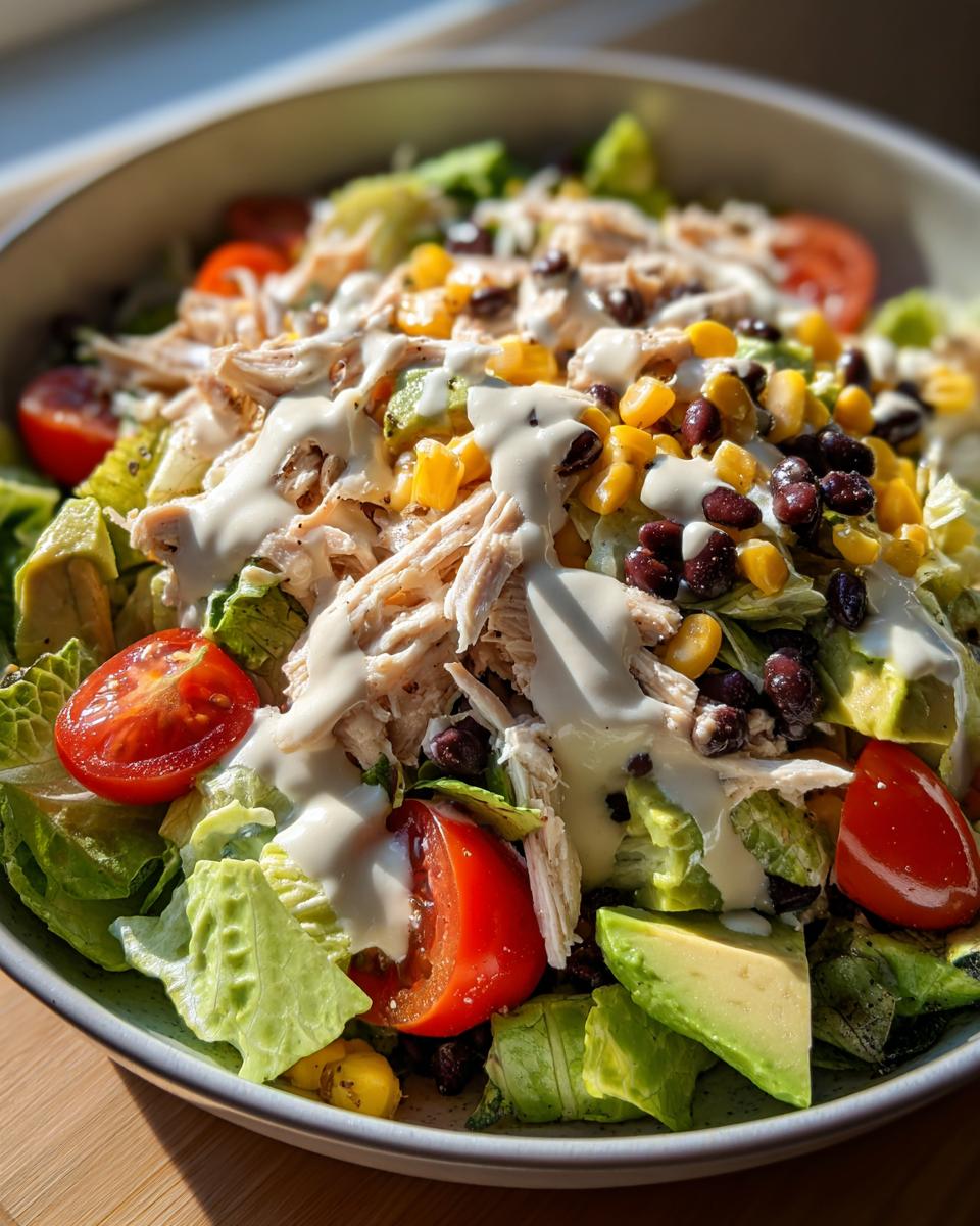 A vibrant bowl of southwest chicken salad featuring shredded chicken, avocado, black beans, corn, tomatoes, and a creamy drizzle.