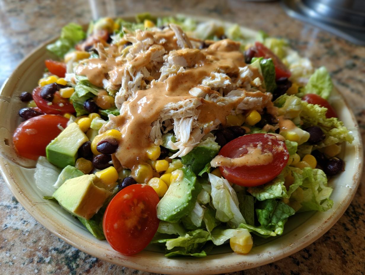 A vibrant bowl of southwest chicken salad featuring shredded chicken, avocado, tomatoes, corn, black beans, and a creamy dressing.