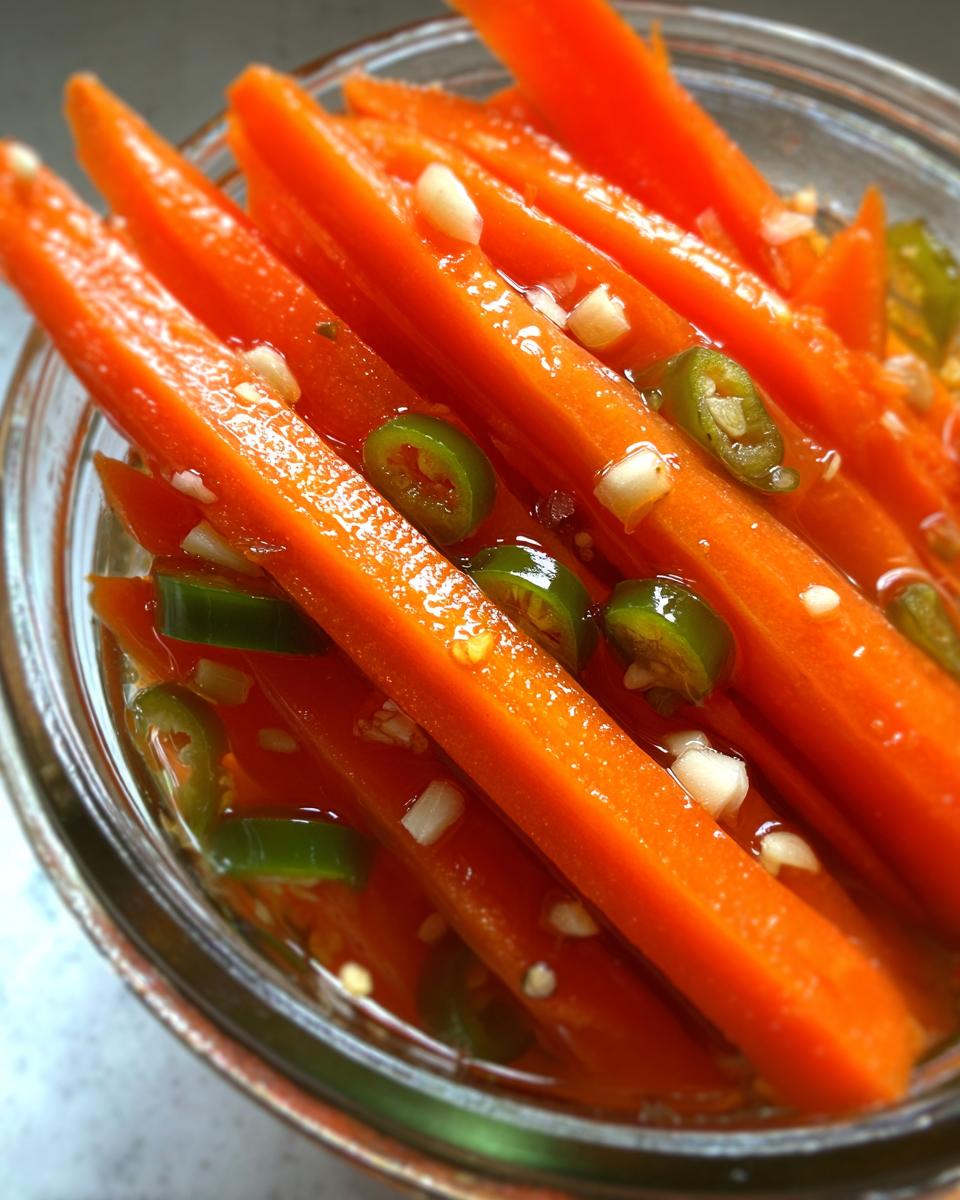 Close-up shot of bright orange pickled carrots sticks submerged in brine with slices of green chili and minced garlic.