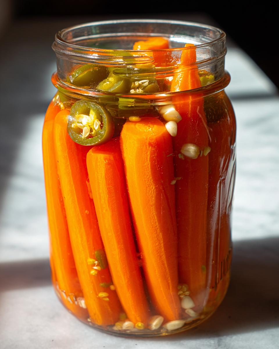 Close-up of bright orange pickled carrots standing upright in a glass jar with sliced jalapeños and garlic.