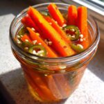 Close-up of bright orange pickled carrots sticks submerged in brine with sliced jalapeños and garlic.