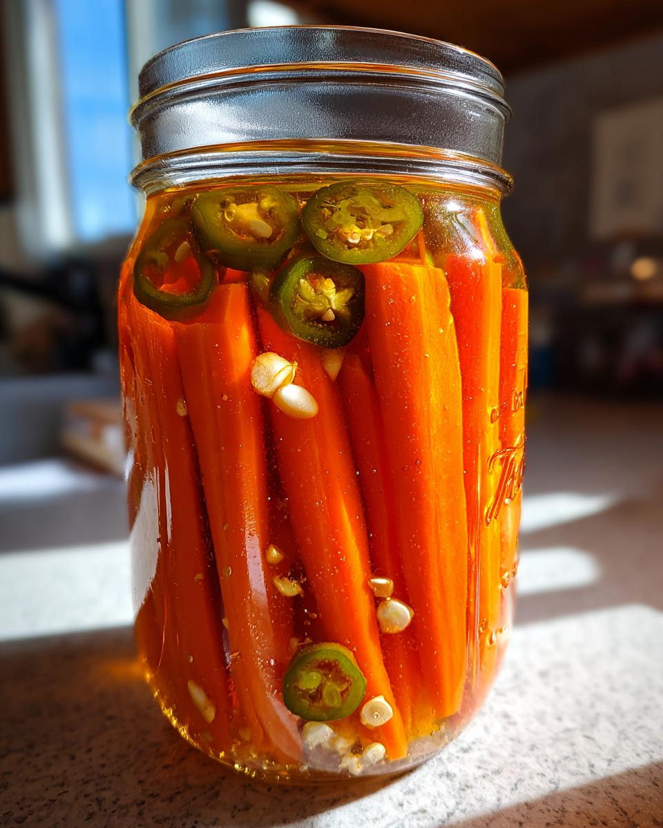 Close-up of bright orange pickled carrots packed tightly in a glass jar with sliced jalapeños and garlic cloves.
