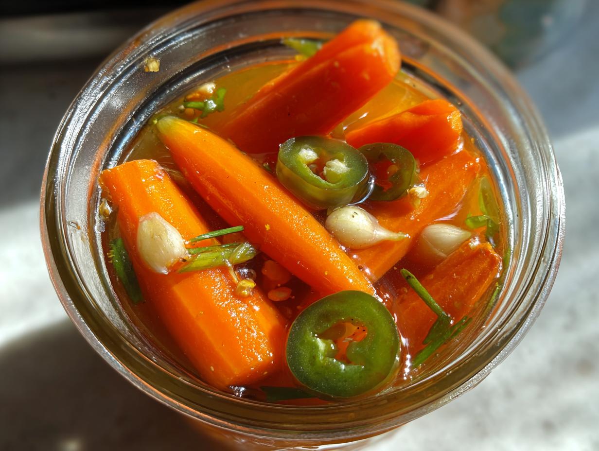 Overhead view of vibrant orange pickled carrots submerged in brine with slices of jalapeño and garlic cloves.