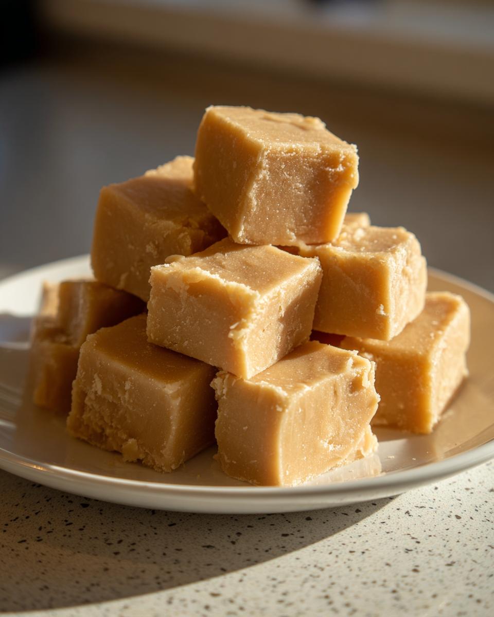 A tempting stack of light brown, square-cut penuche fudge pieces piled on a white plate.