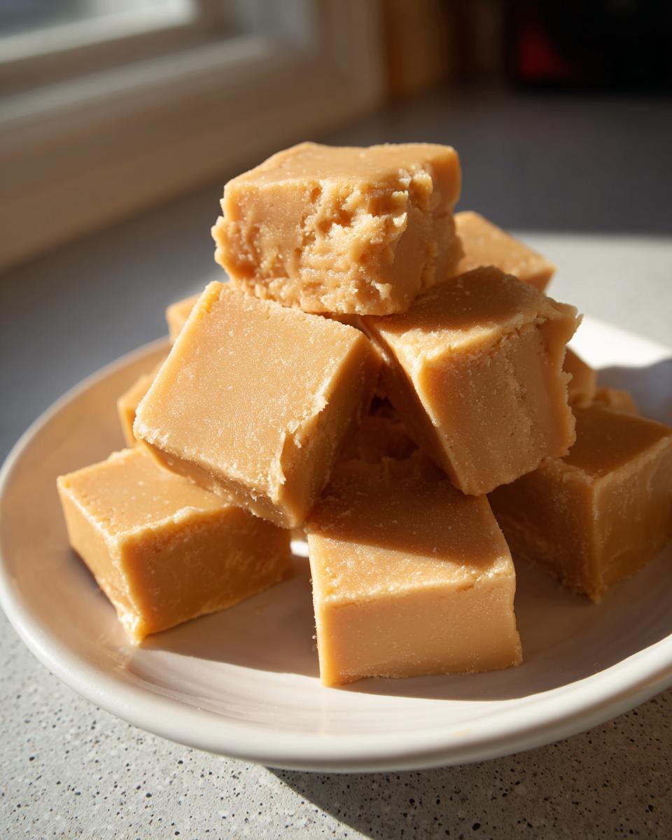A stack of light brown, creamy squares of homemade penuche fudge piled on a white plate.