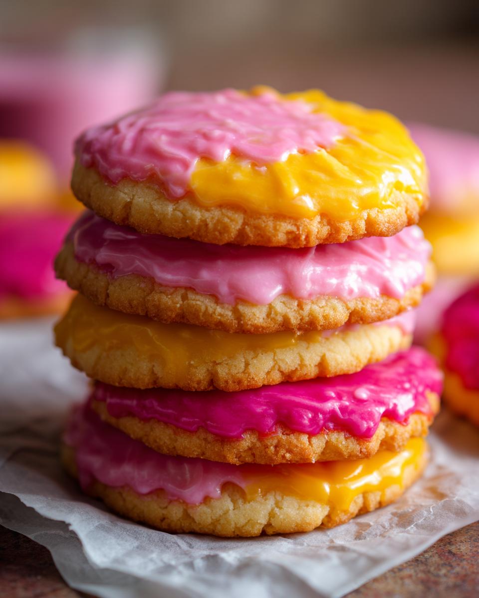 A stack of five sugar cookies topped with brightly colored, slightly glossy sugar cookie icing that hardens, featuring pink and yellow colors.
