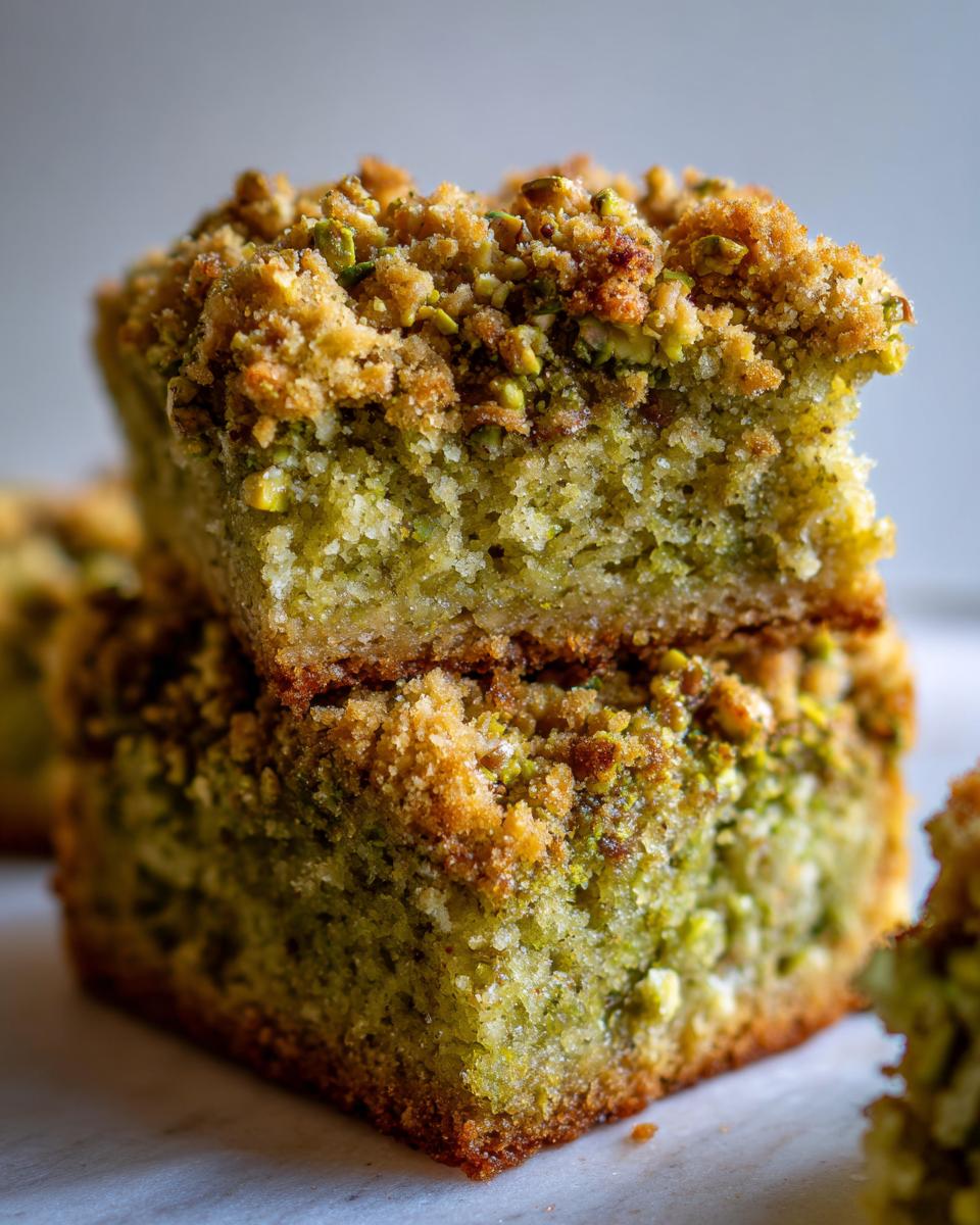 Two stacked squares of moist pistachio coffee cake featuring a vibrant green crumb and a crunchy pistachio streusel topping.