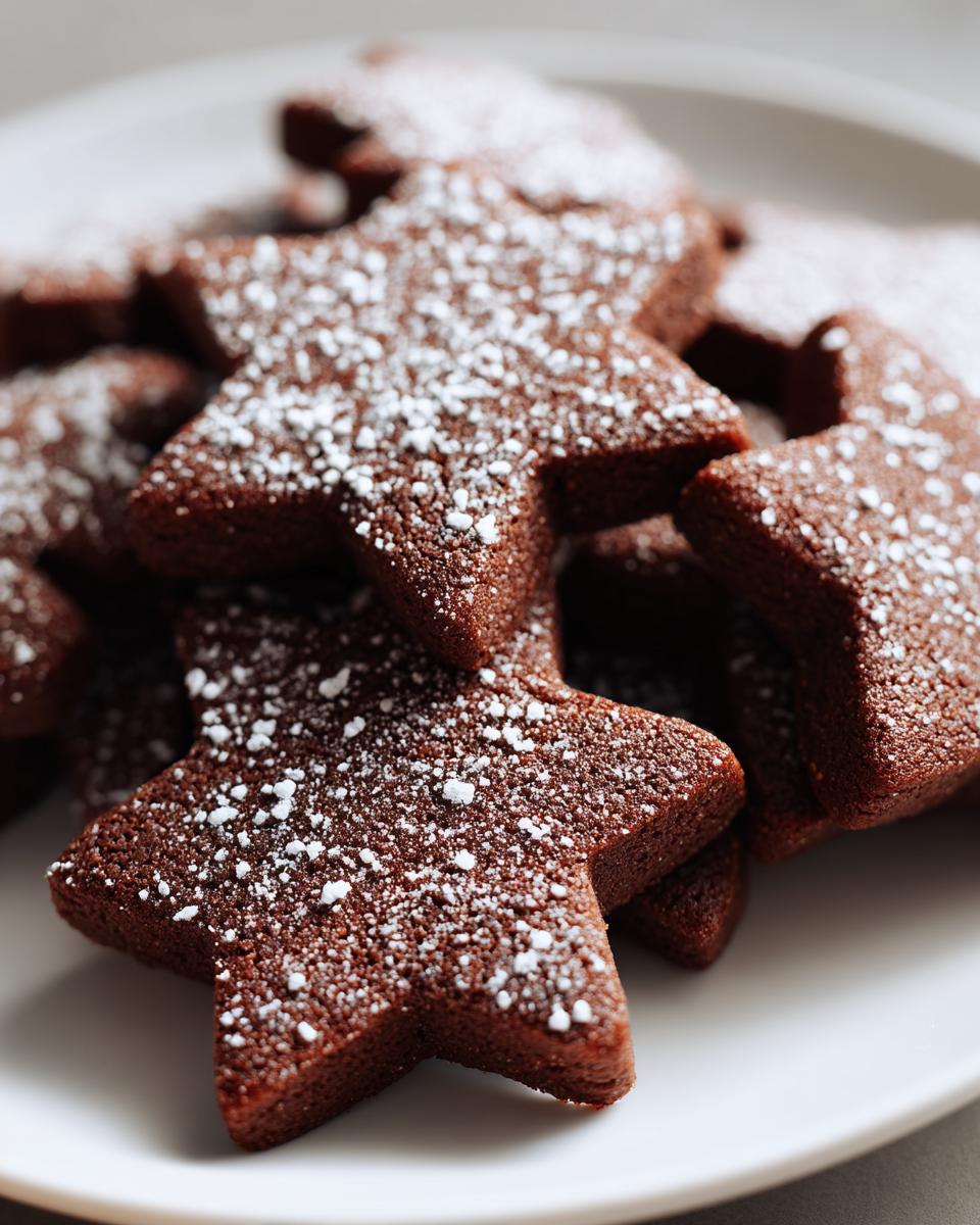 Close-up of star-shaped soft gingerbread cookies dusted heavily with white powdered sugar on a white plate.