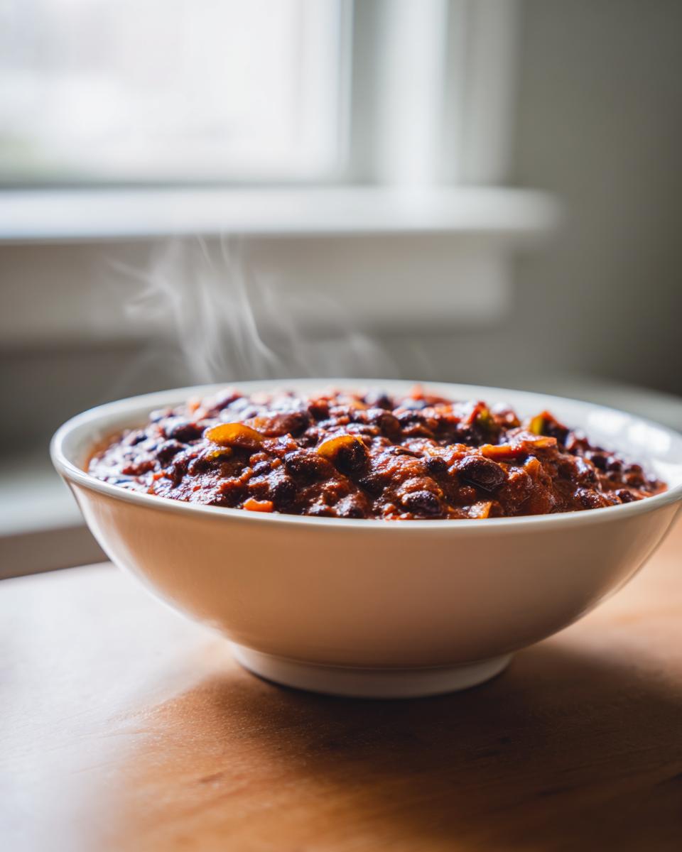 A steaming white bowl filled with rich, dark black bean chili resting on a wooden surface near a bright window.