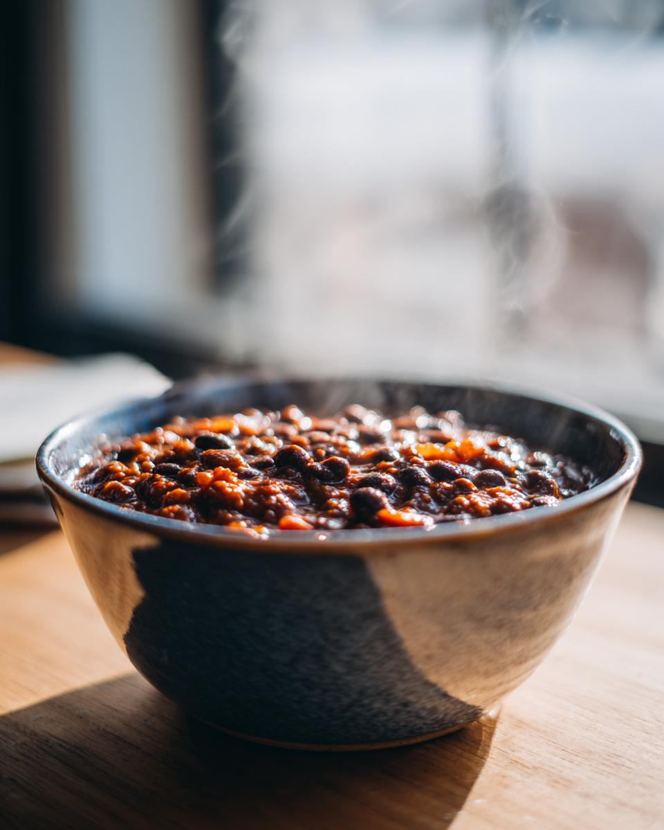 A close-up of a steaming bowl filled with rich, dark black bean chili sitting on a wooden table near a bright window.