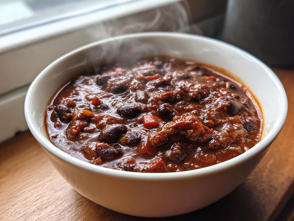 Close-up of a steaming white bowl filled with rich, dark red black bean chili, ready to eat.