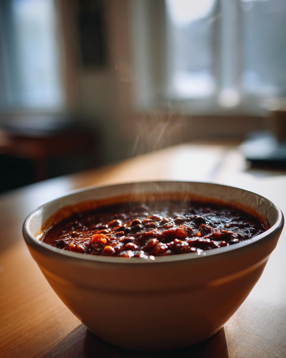 A close-up, low-angle shot of a steaming bowl of rich, dark black bean chili sitting on a wooden table.