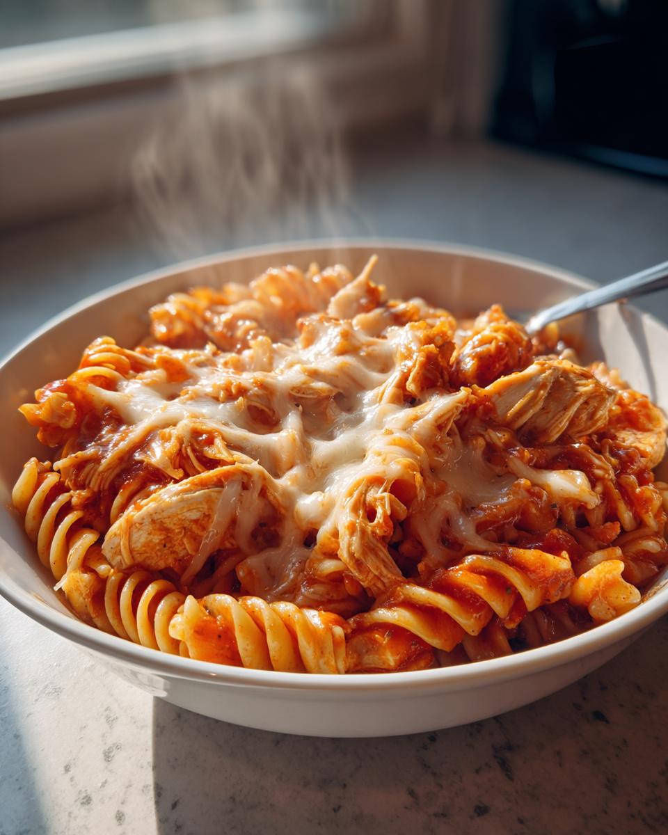 A close-up of a steaming bowl of enchilada pasta featuring rotini noodles, shredded chicken, and melted white cheese on top.