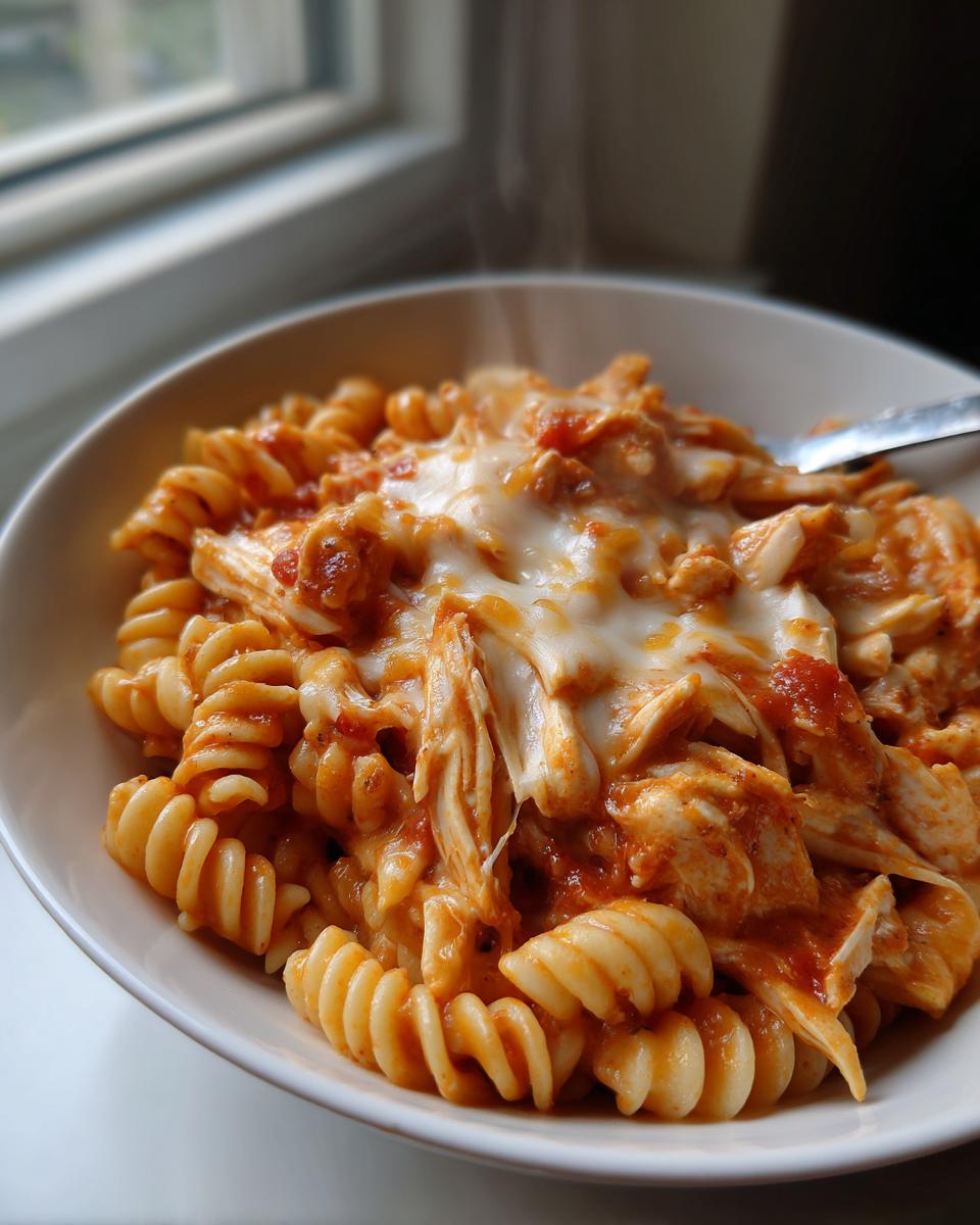 Close-up of a steaming bowl of rotini enchilada pasta mixed with shredded chicken and topped with melted white cheese.