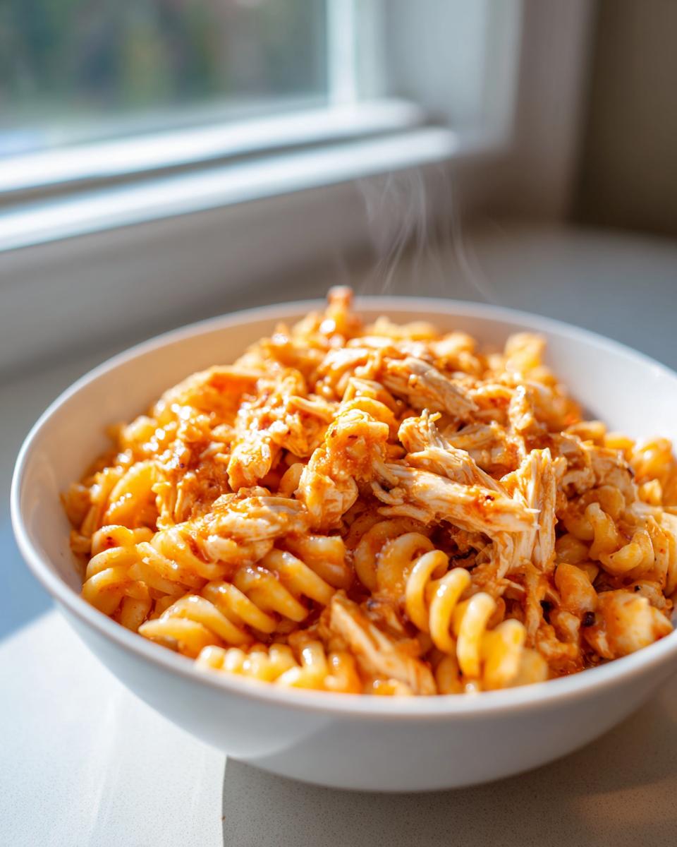 Close-up of a white bowl filled with hot, steaming enchilada pasta mixed with shredded chicken.