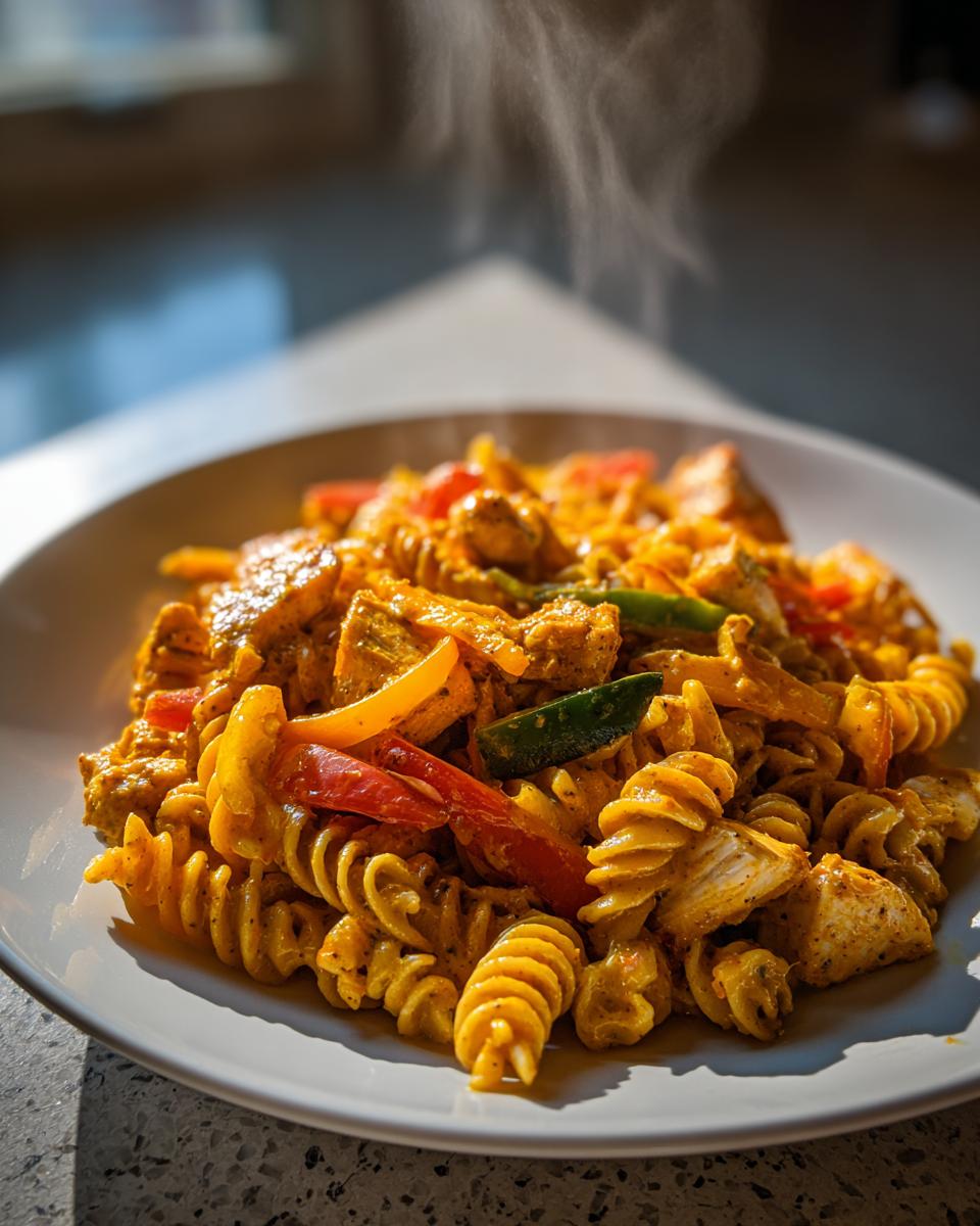A close-up of a white plate filled with steaming hot Rasta Pasta featuring rotini noodles, chicken chunks, and colorful bell peppers in a creamy sauce.