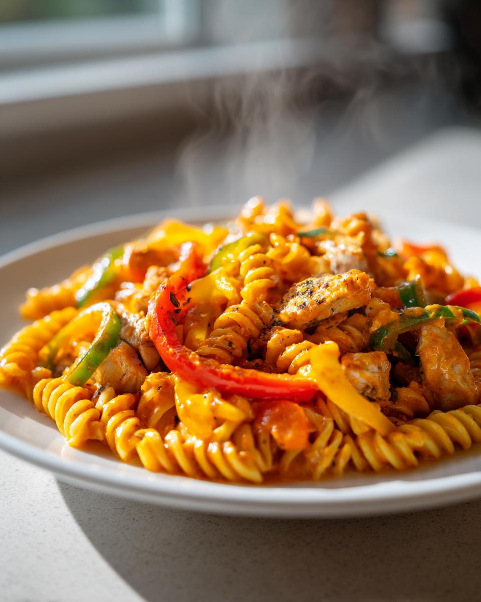 Close-up of steaming hot Rasta pasta featuring fusilli, chicken pieces, and colorful bell peppers in a creamy sauce.