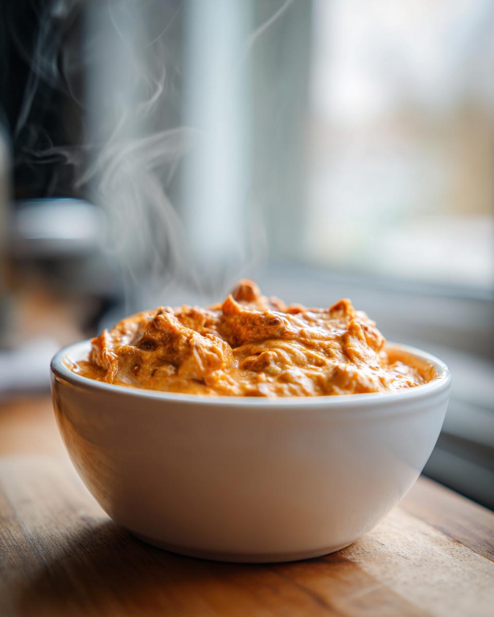 Close-up of hot, creamy sausage cream cheese dip steaming in a white bowl on a wooden surface.