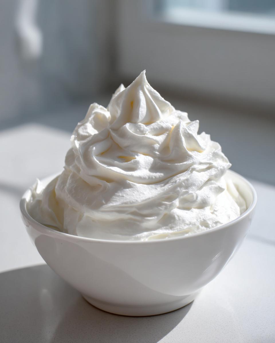 A white bowl filled with stiff, glossy peaks of freshly made royal icing recipe.