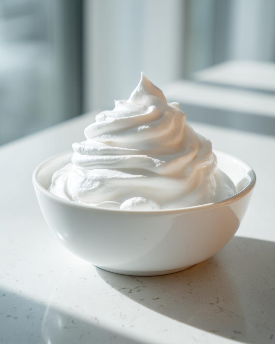 A white bowl filled with perfectly piped, stiff peaks of bright white royal icing recipe.