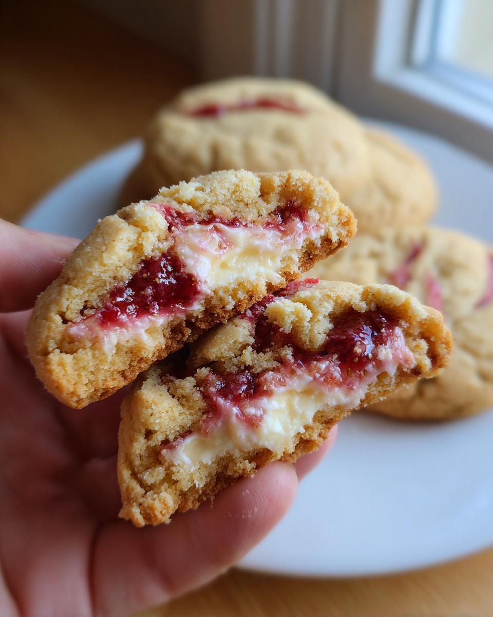 A hand holding a strawberry cheesecake cookie cut in half, revealing the creamy center and strawberry jam filling.