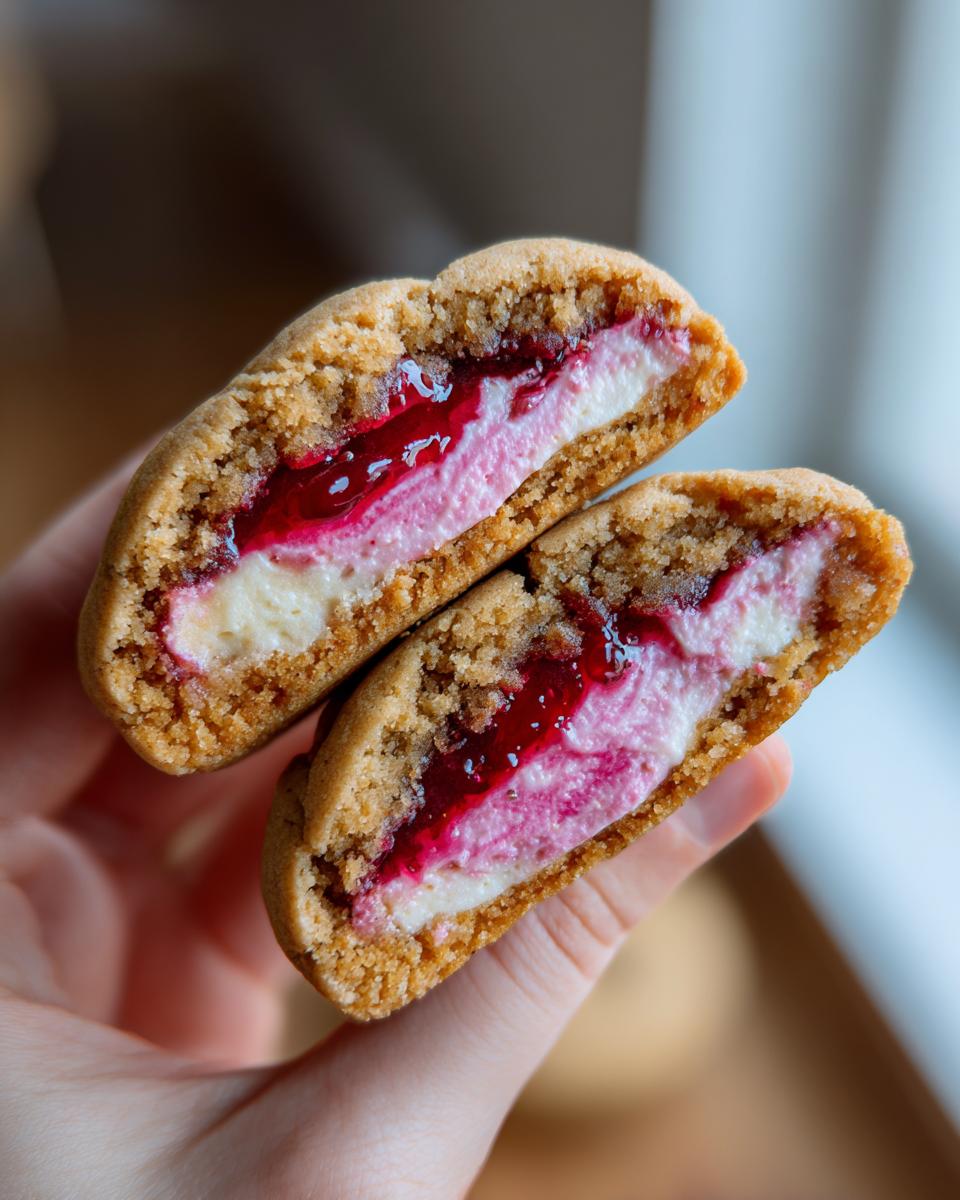 Close-up of a strawberry cheesecake cookies half, showing the gooey filling with cream cheese and strawberry jam layers.