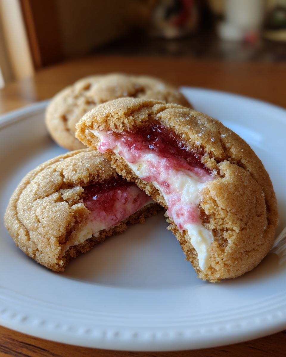 A strawberry cheesecake cookie broken in half showing the creamy white filling and bright red strawberry jam center.