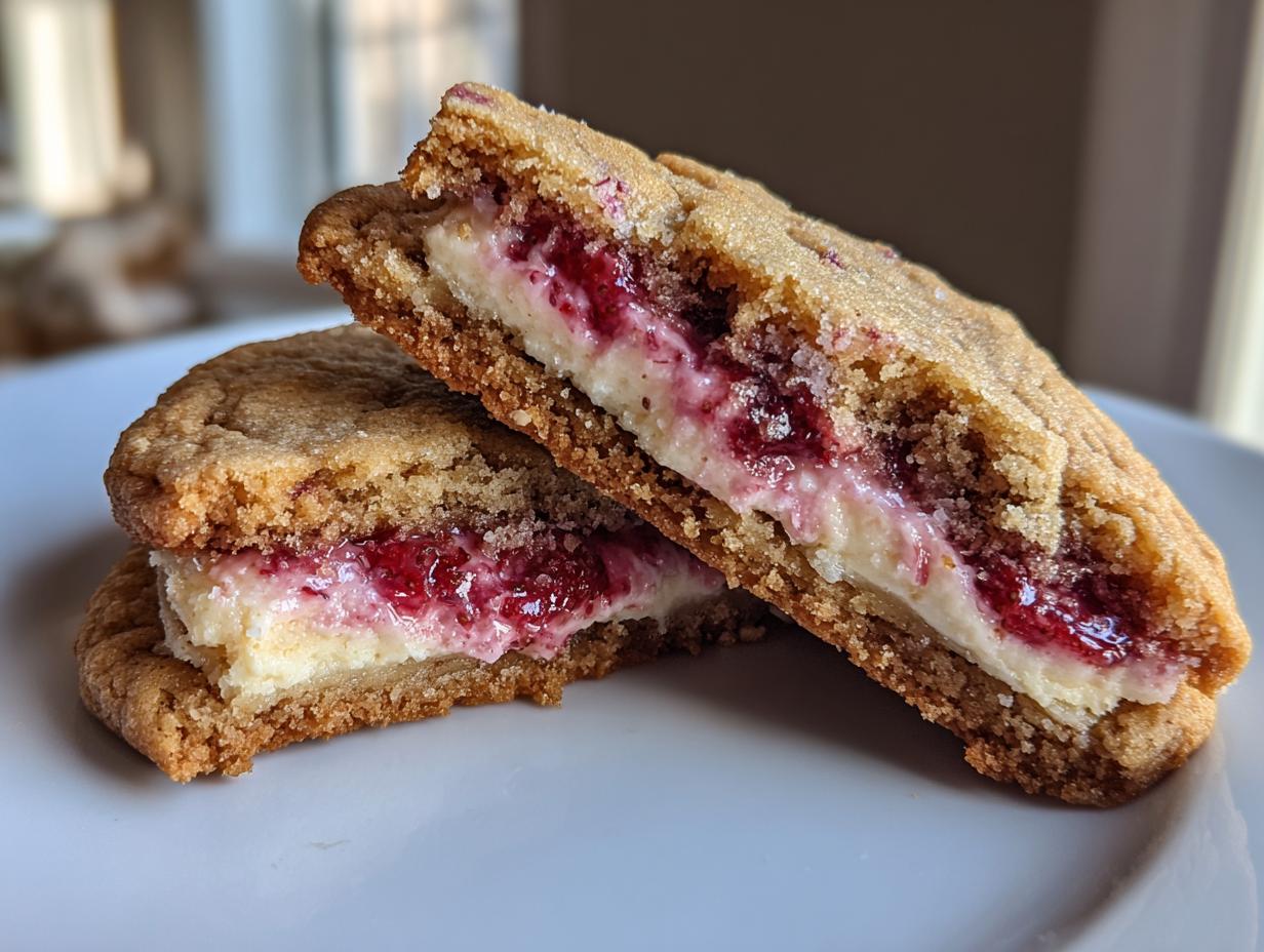 Close-up of strawberry cheesecake cookies cut in half, showing the creamy filling and strawberry swirl.