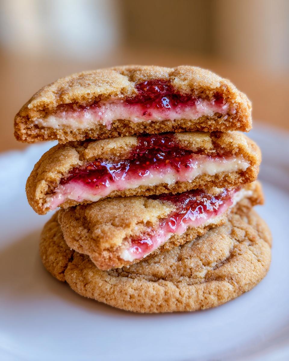 Stack of three strawberry cheesecake cookies, cut in half to show gooey cheesecake filling and bright red jam center.