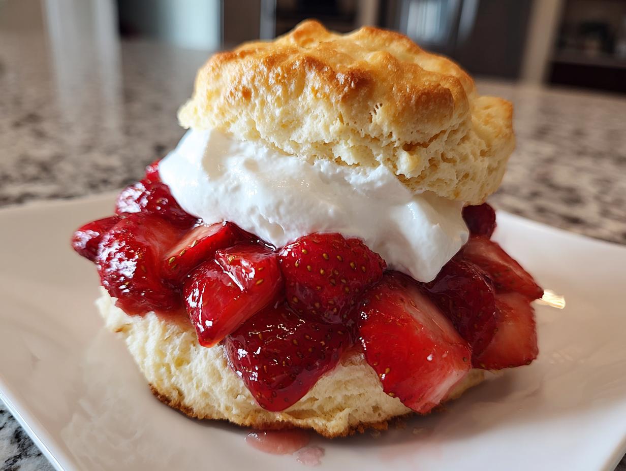 A close-up of a fluffy biscuit split and filled with macerated strawberries and whipped cream for a classic shortcake.