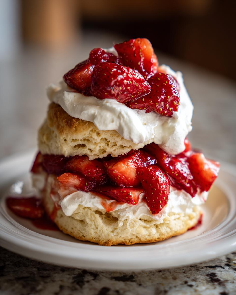 A close-up of a delicious strawberry shortcake layered with biscuit, macerated strawberries, and whipped cream.