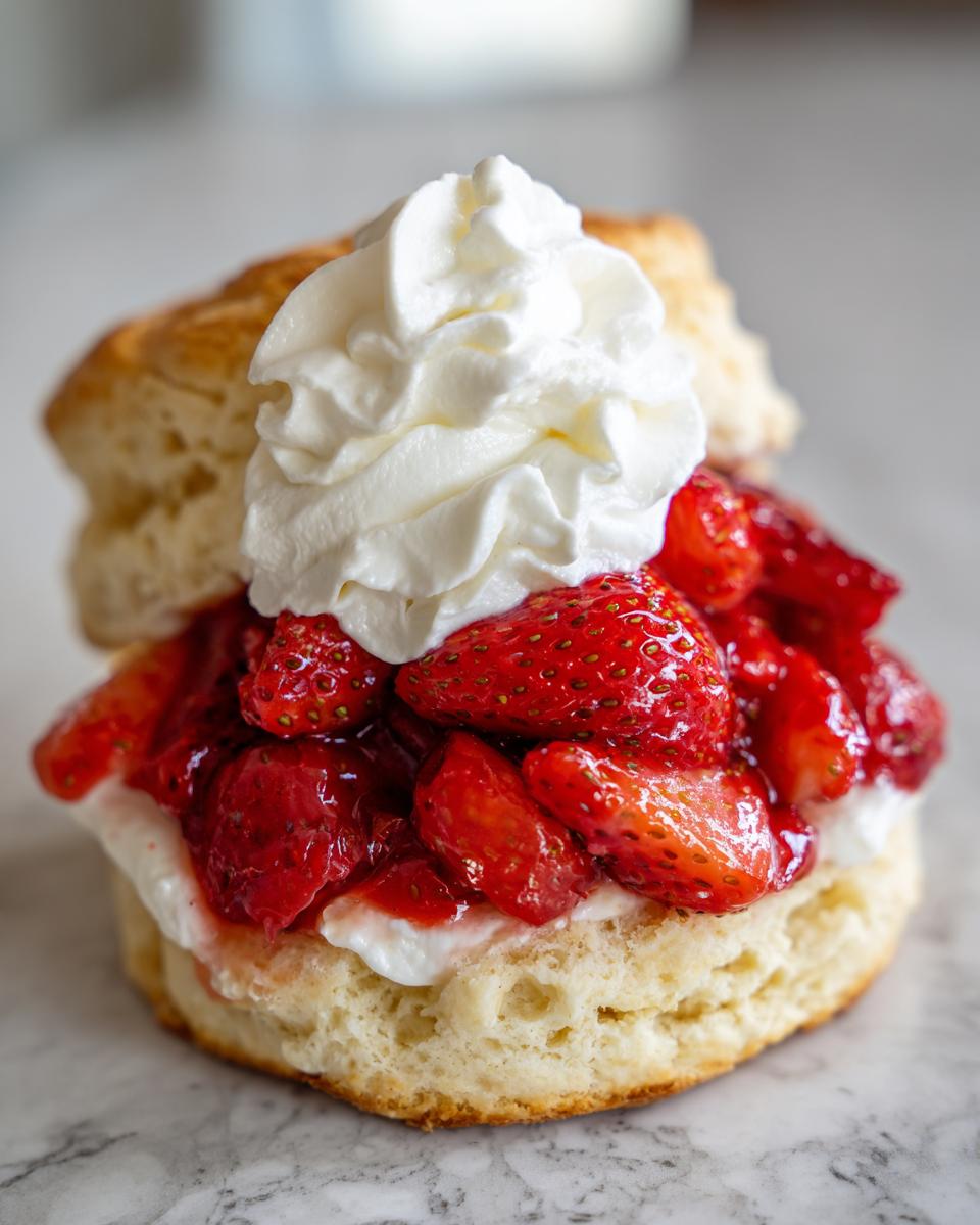 Close-up of a delicious shortcake split open, filled with macerated strawberries and topped with a swirl of whipped cream.