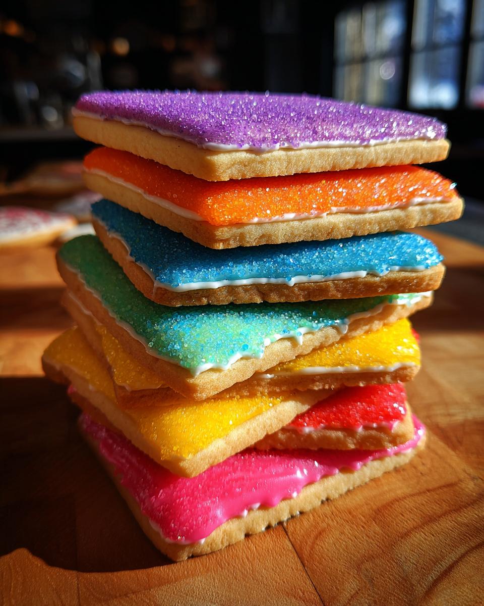 A stack of rectangular sugar cookies topped with brightly colored, hardened icing and sprinkles.