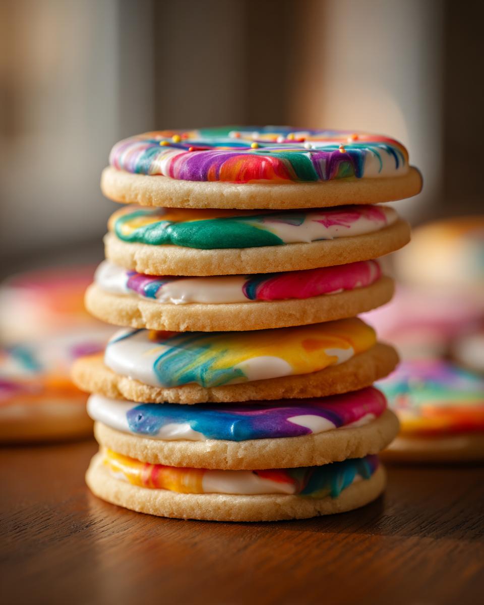 A tall stack of round sugar cookies topped with vibrant, marbled sugar cookie icing that hardens.