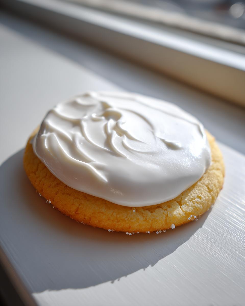 A single, round sugar cookie topped with a thick swirl of white cookie icing, sitting in bright sunlight.