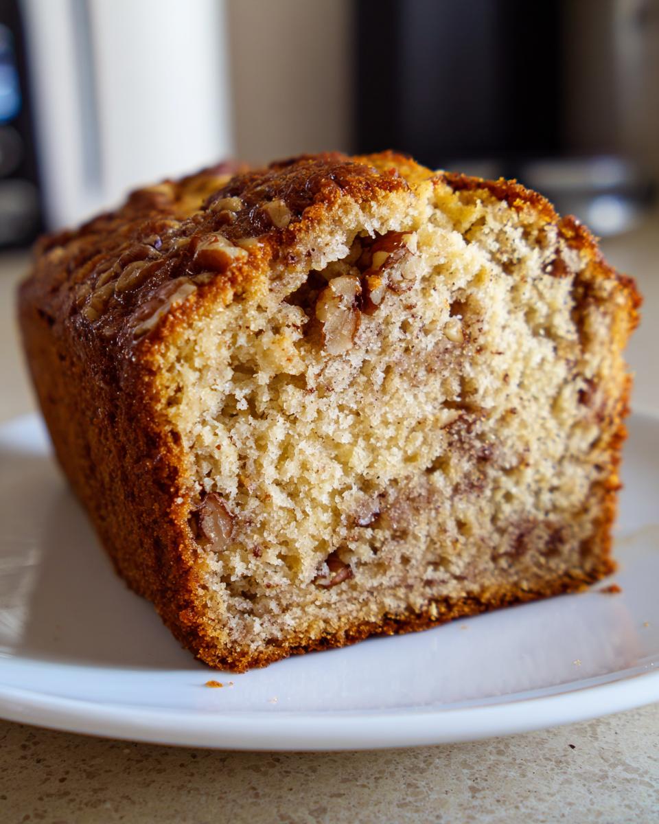 A close-up, cross-section view of a freshly baked sweet Alabama pecan bread loaf sitting on a white plate.