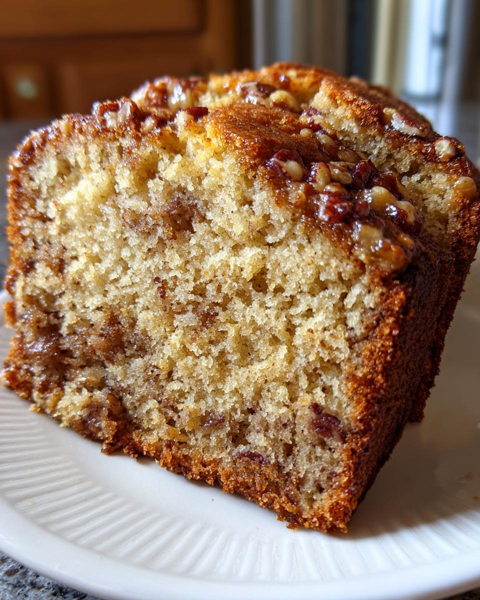 Close-up of a moist slice of sweet Alabama pecan bread showing the crumb and sticky pecan topping.