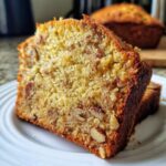A close-up of a moist slice of sweet Alabama pecan bread showing pecans embedded in the crumb.