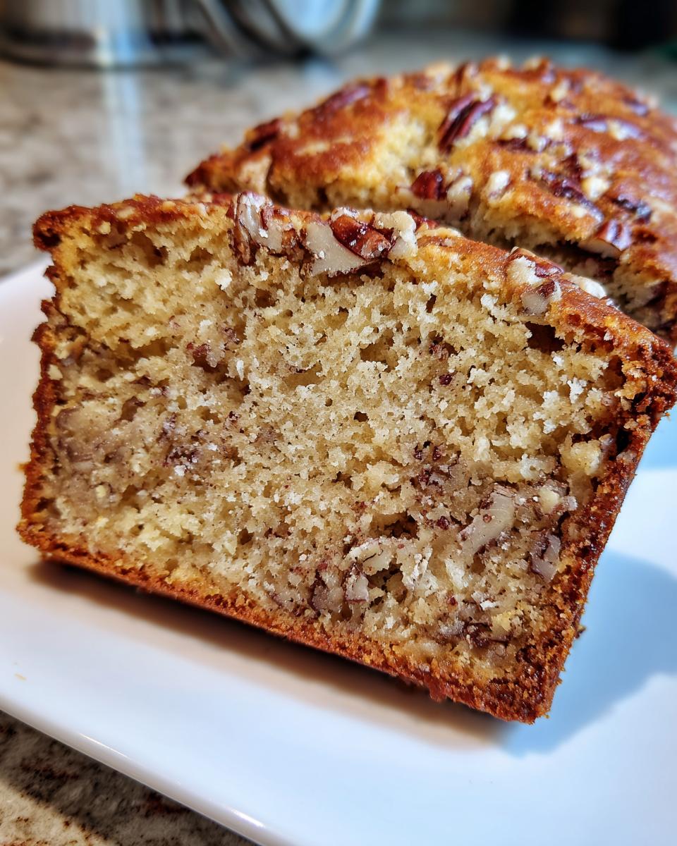 Close-up of a moist slice of sweet Alabama pecan bread showing pecans throughout the crumb.