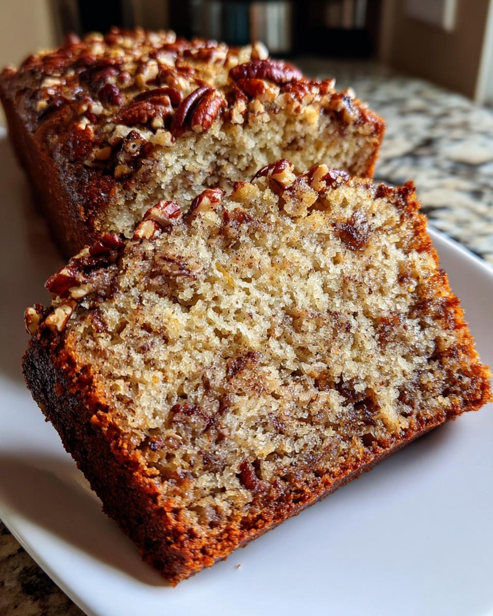 Close-up of a thick slice of moist sweet Alabama pecan bread topped with whole and chopped pecans.