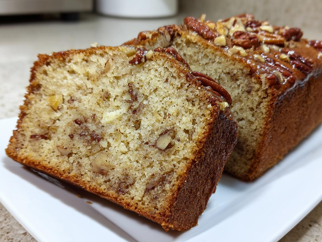 Close-up of two slices of moist Sweet Alabama Pecan Bread topped with glazed pecans.