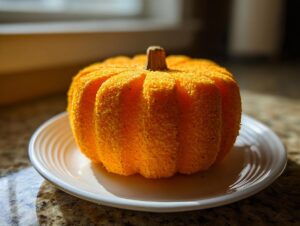 A bright orange, textured pumpkin-shaped item, resembling a pumpkin cheese ball, sitting on a white plate.