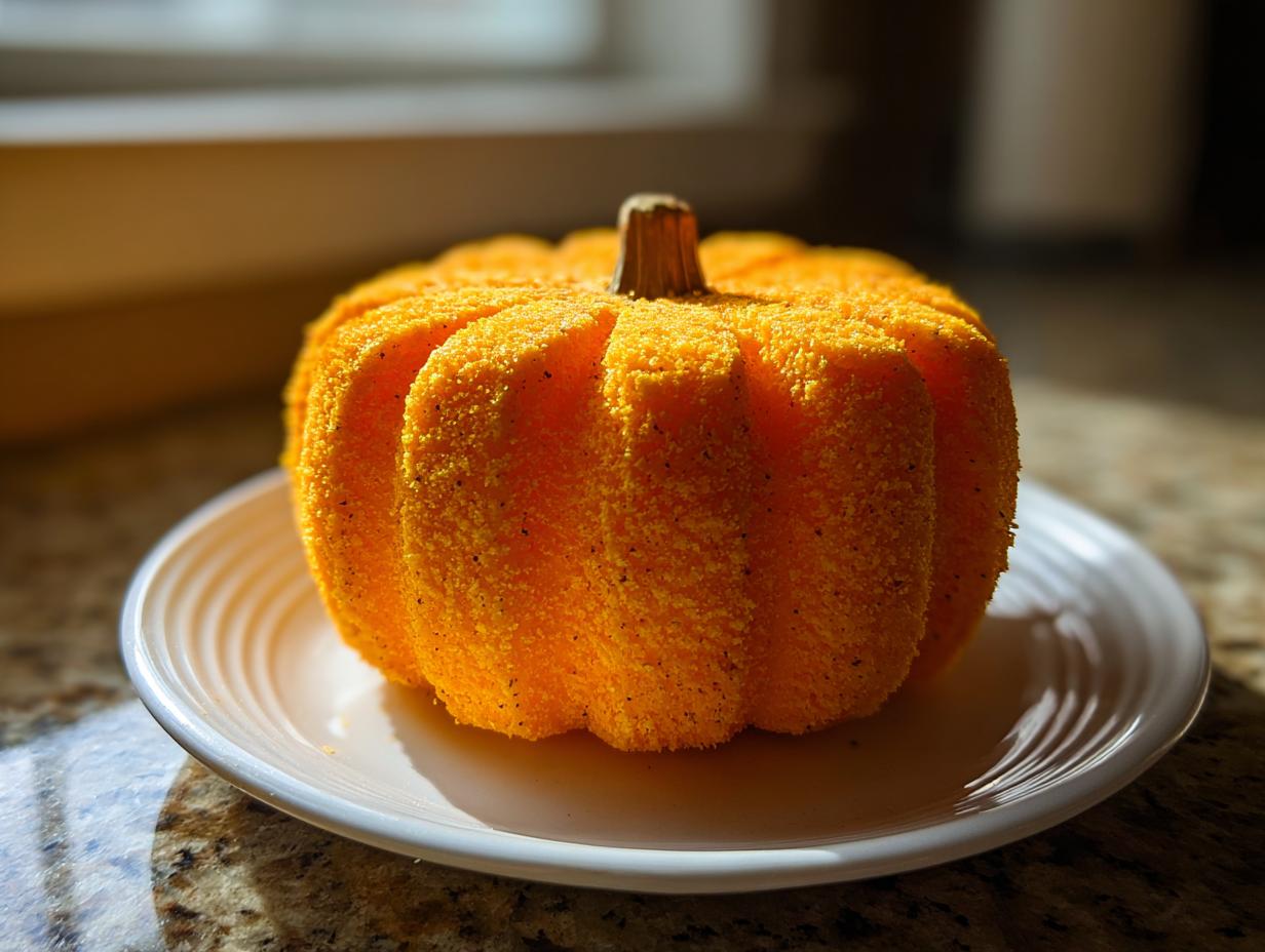 A bright orange, textured pumpkin-shaped item, resembling a pumpkin cheese ball, sitting on a white plate.