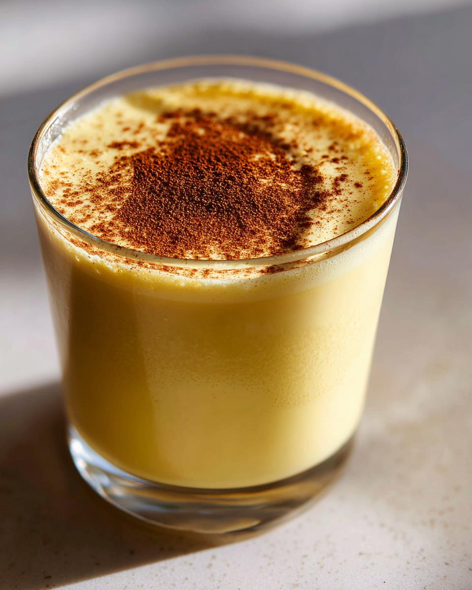 Close-up of a glass filled with thick, creamy yellow eggnog, dusted heavily with cinnamon.
