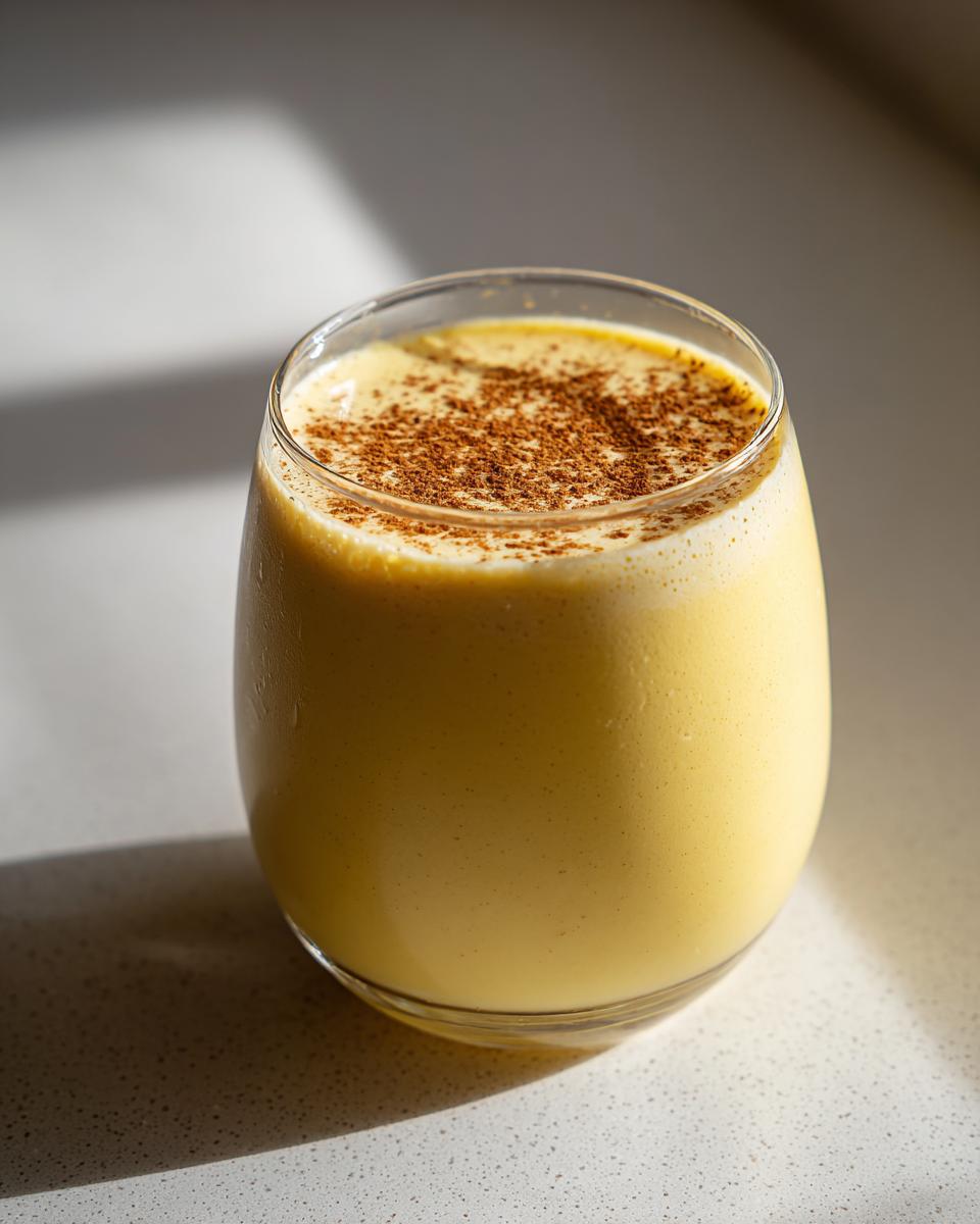 A close-up of thick, creamy yellow eggnog in a glass, dusted heavily with ground cinnamon.