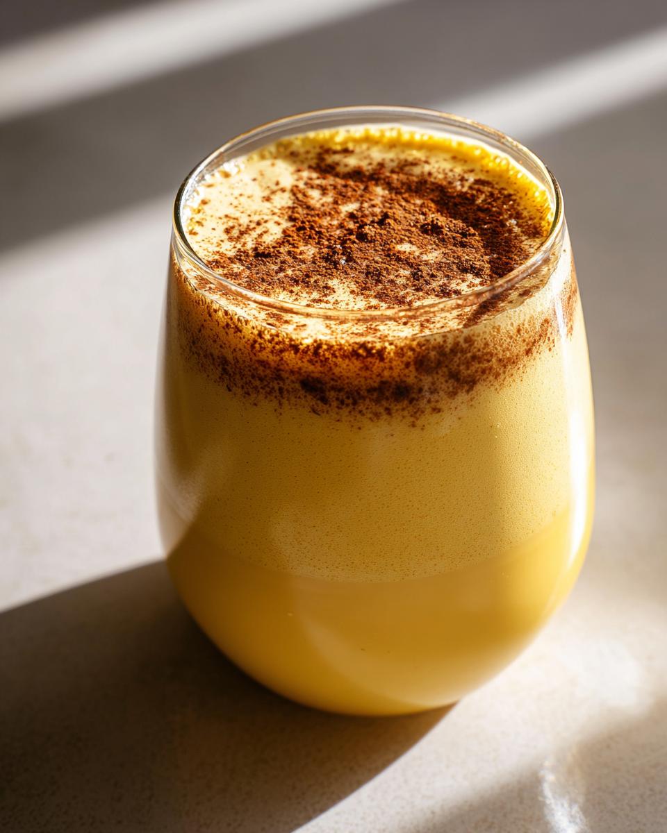 Close-up of a glass filled with thick, yellow homemade eggnog, topped with a dusting of dark spice like nutmeg.