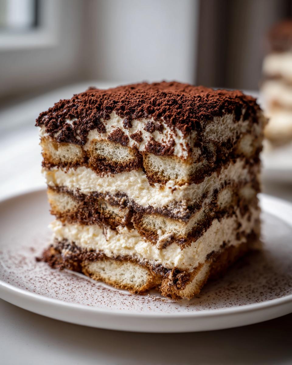 A decadent slice of tiramisu cheesecake layered with ladyfingers and cream, dusted with cocoa powder.