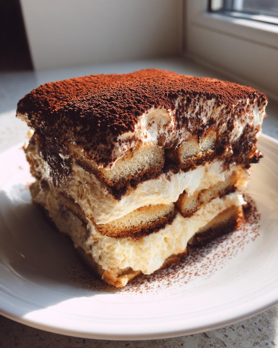 A tall, layered slice of tiramisu cheesecake dusted heavily with cocoa powder, served on a white plate.